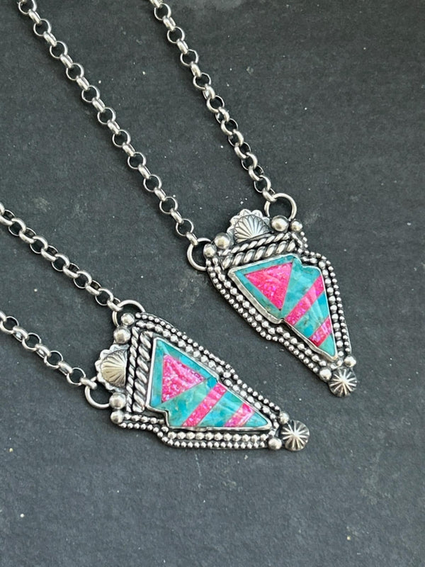 Sterling Silver Aura Opal + Kingman Turquoise Inlay Lightning Bolt Necklaces 20