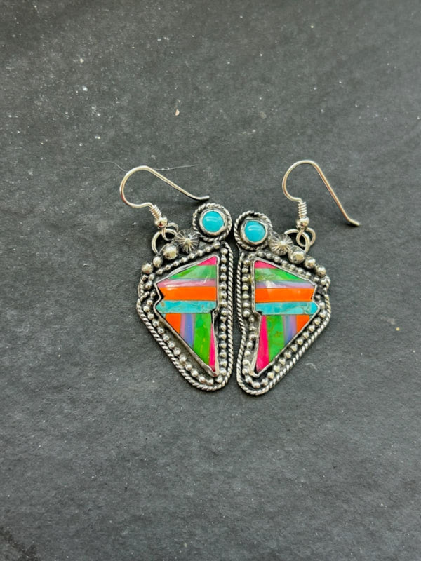 Sterling Silver Kingman Turquoise Multi Color Thunderbolt Dangle Earrings