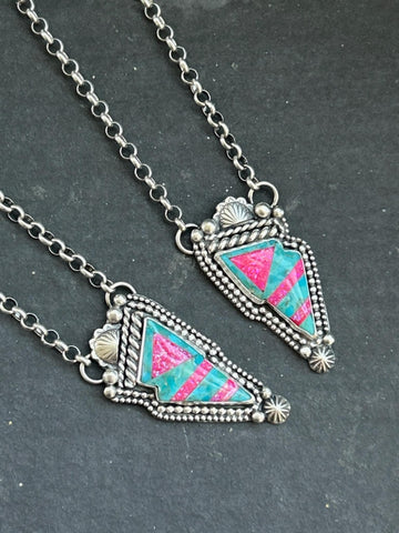 Sterling Silver Aura Opal + Kingman Turquoise Inlay Lightning Bolt Necklaces 20