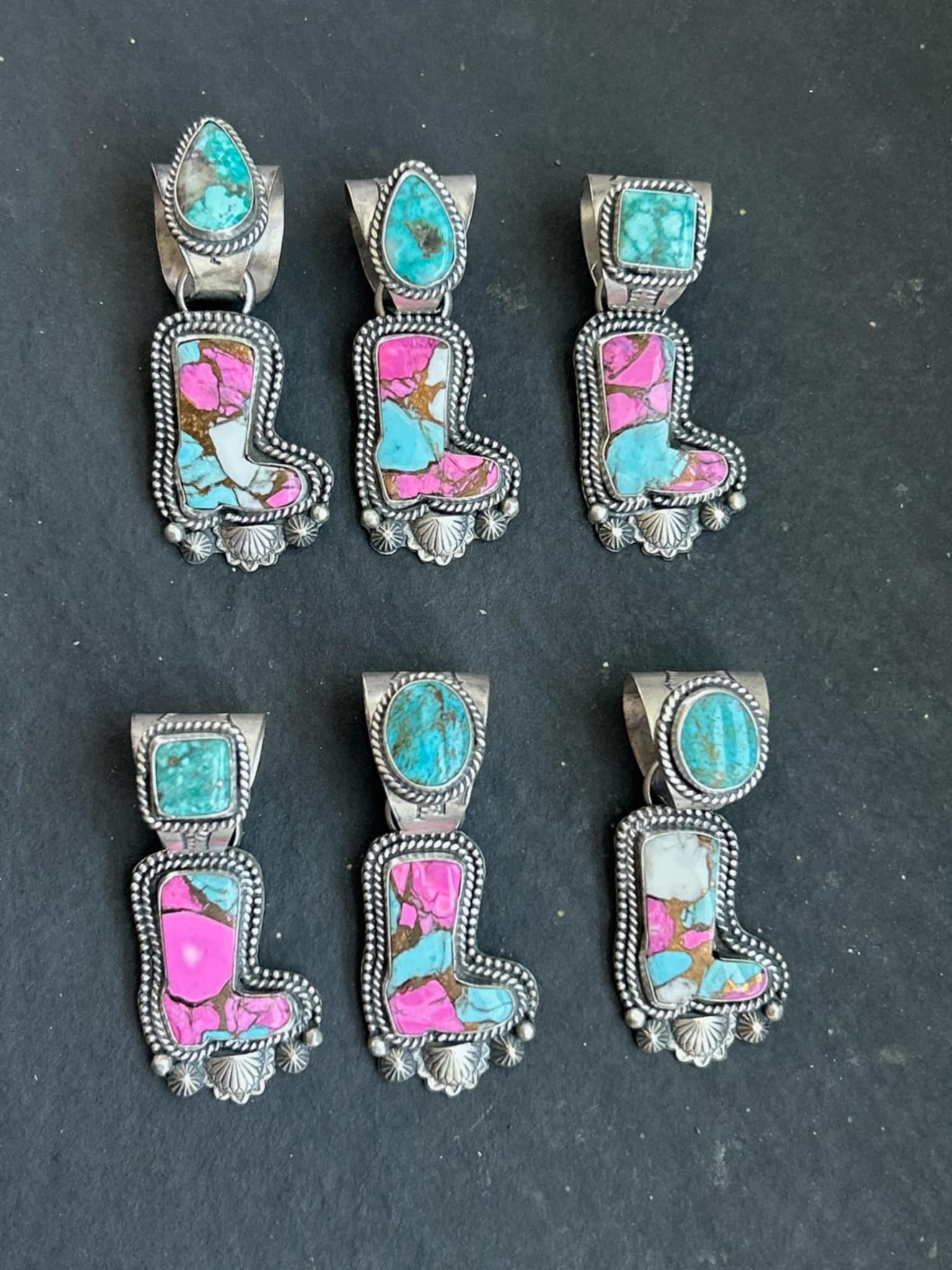 Sterling Silver Whitewater Turquoise And Cotton Candy Boot Pendant