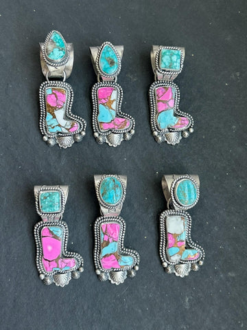 Sterling Silver Whitewater Turquoise And Cotton Candy Boot Pendant