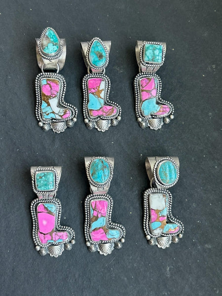 Sterling Silver Whitewater Turquoise And Cotton Candy Boot Pendant