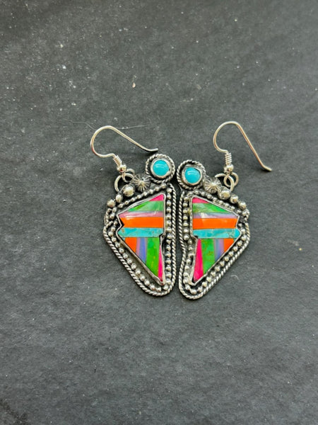 Sterling Silver Kingman Turquoise Multi Color Thunderbolt Dangle Earrings