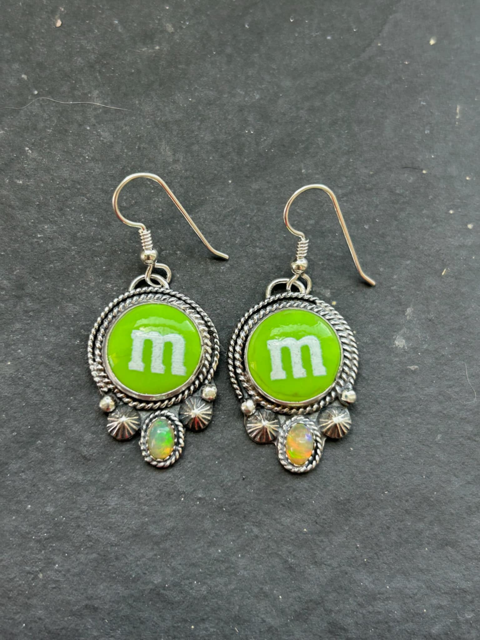 Shay Pfeiffer Sterling Silver Welo Opal + Green Resin M Candy Dangle Earrings